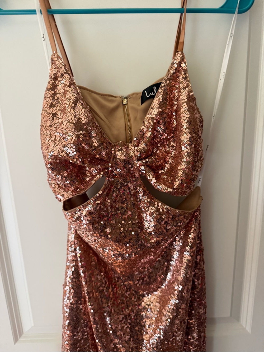 Lulu's Rose Gold Sequin Cutout Prom Dress